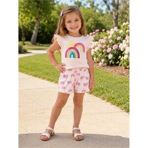 KIDTOPIA 2 Piece Outfit Set Sequin Rainbow Top & Shorts Pink Toddler Summer 4T